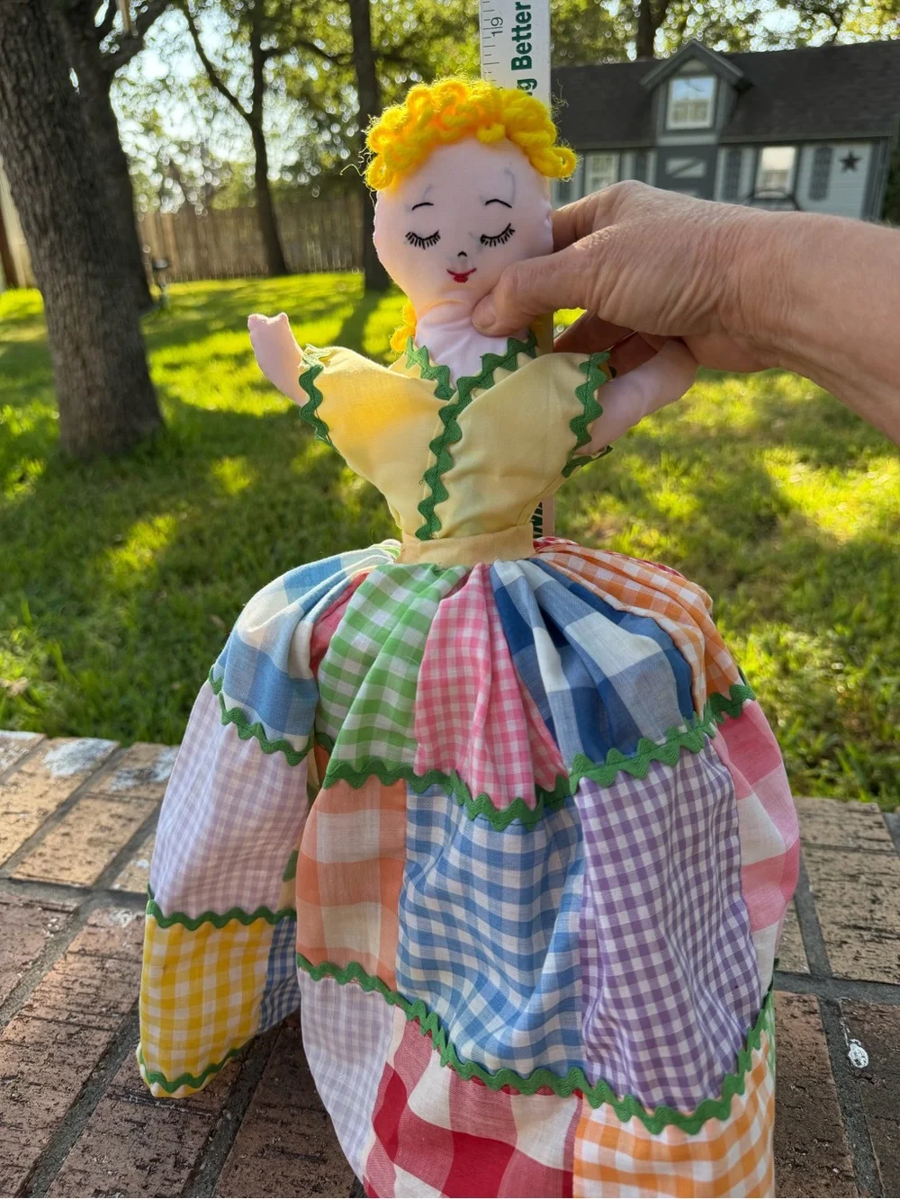 VTG 70’s Homemade Cloth Doll For Appliance Cover, Shelf Sitter Patchwork Skirt*